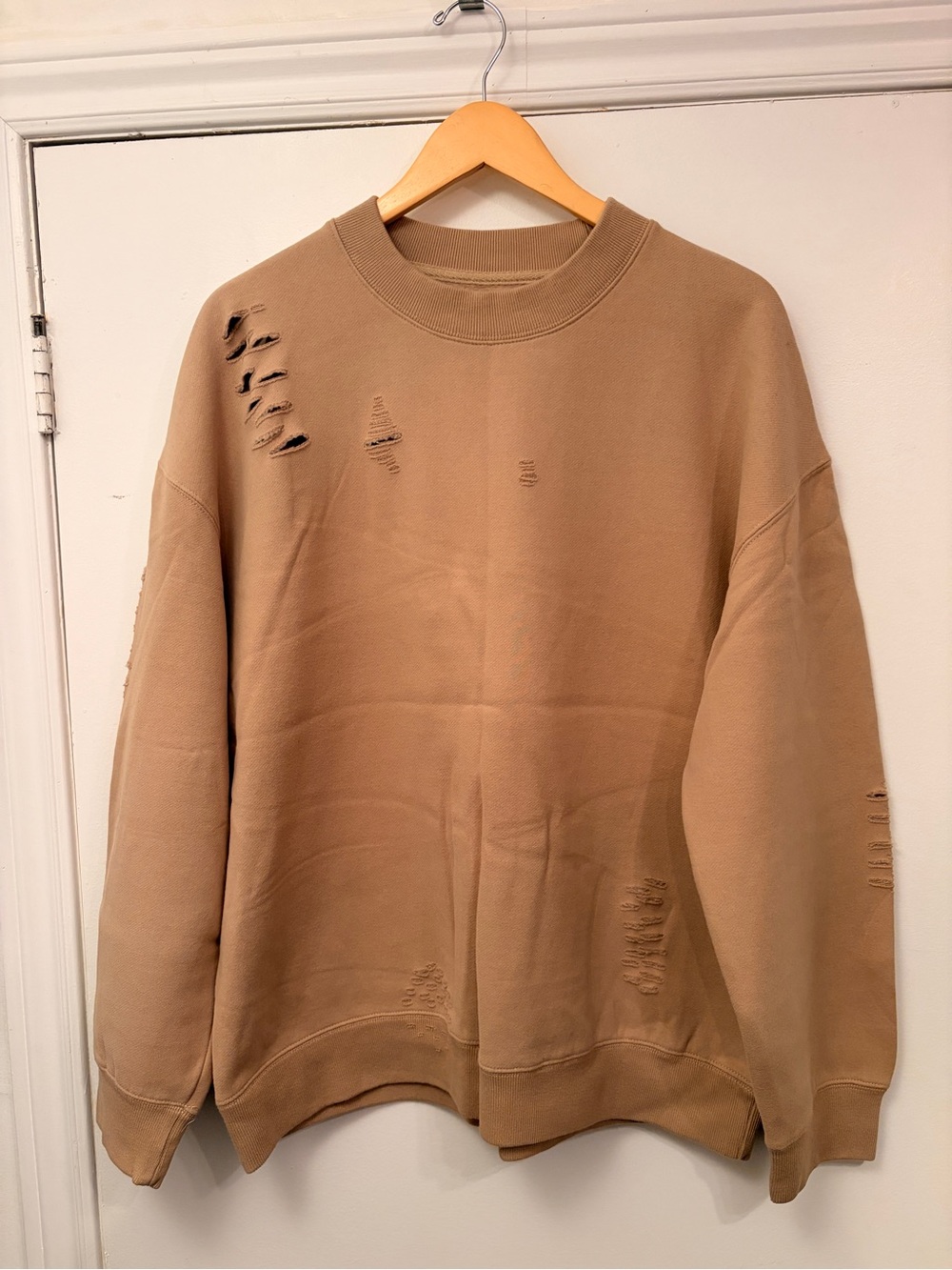 OAK + FORT Distressed Crewneck Sweatshirt in Tan